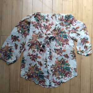 Love On A Hanger Floral Tie-Front Button Up Sheer Peasant Blouse Women's Size M